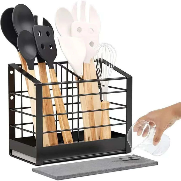 Wall Mounted Kitchen Utensil Drying Rack 2 Compartments Chopstick Holder Organizer No Drill Countertop Cutlery Storage - 2