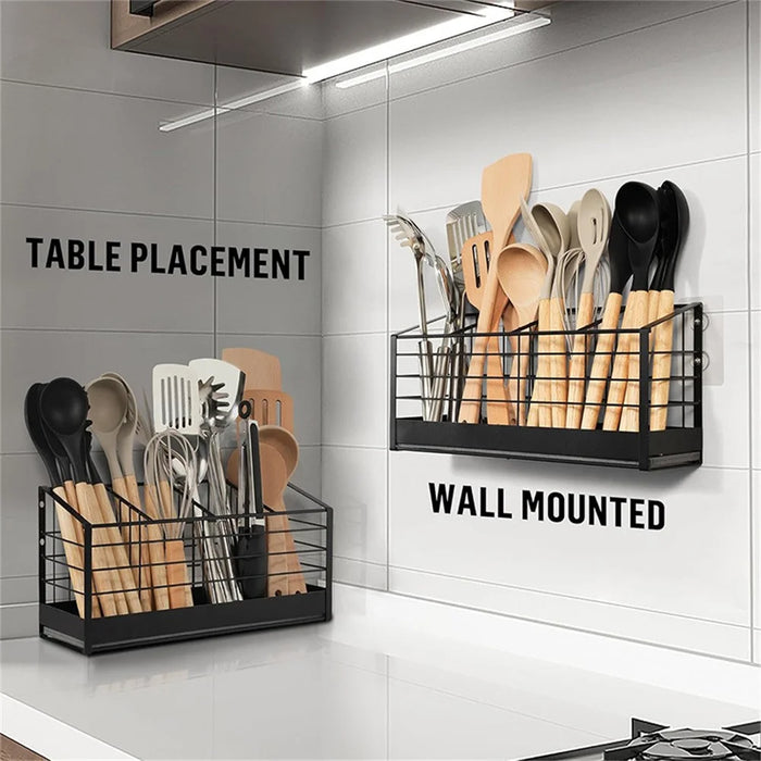 Wall Mounted Kitchen Utensil Drying Rack 2 Compartments Chopstick Holder Organizer No Drill Countertop Cutlery Storage - 3