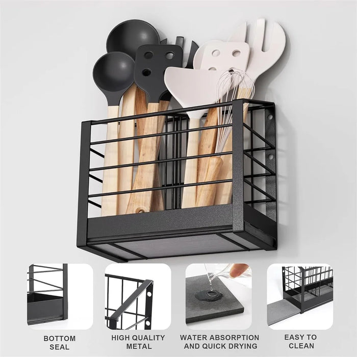 Wall Mounted Kitchen Utensil Drying Rack 2 Compartments Chopstick Holder Organizer No Drill Countertop Cutlery Storage - 4