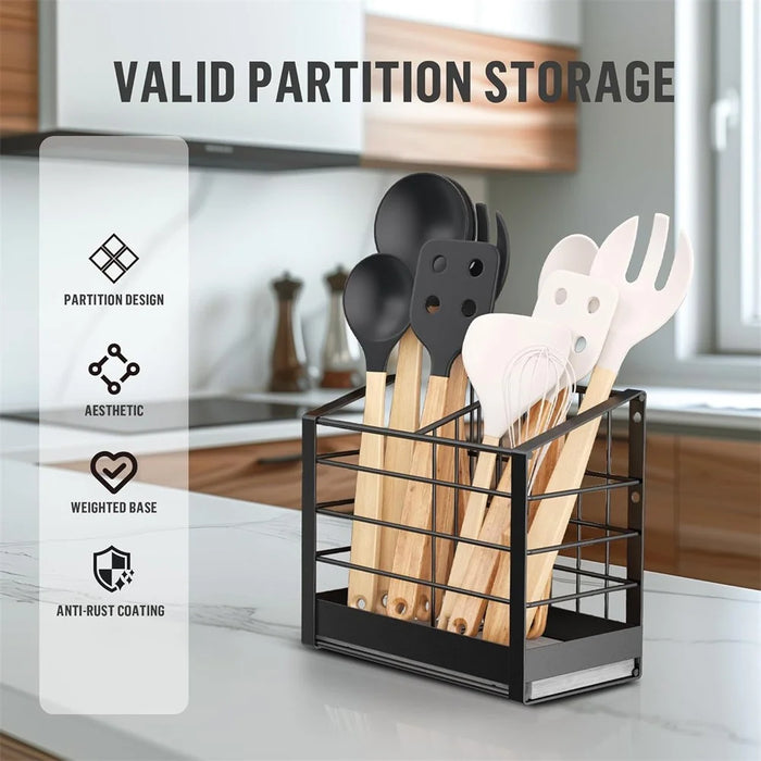 Wall Mounted Kitchen Utensil Drying Rack 2 Compartments Chopstick Holder Organizer No Drill Countertop Cutlery Storage - 5