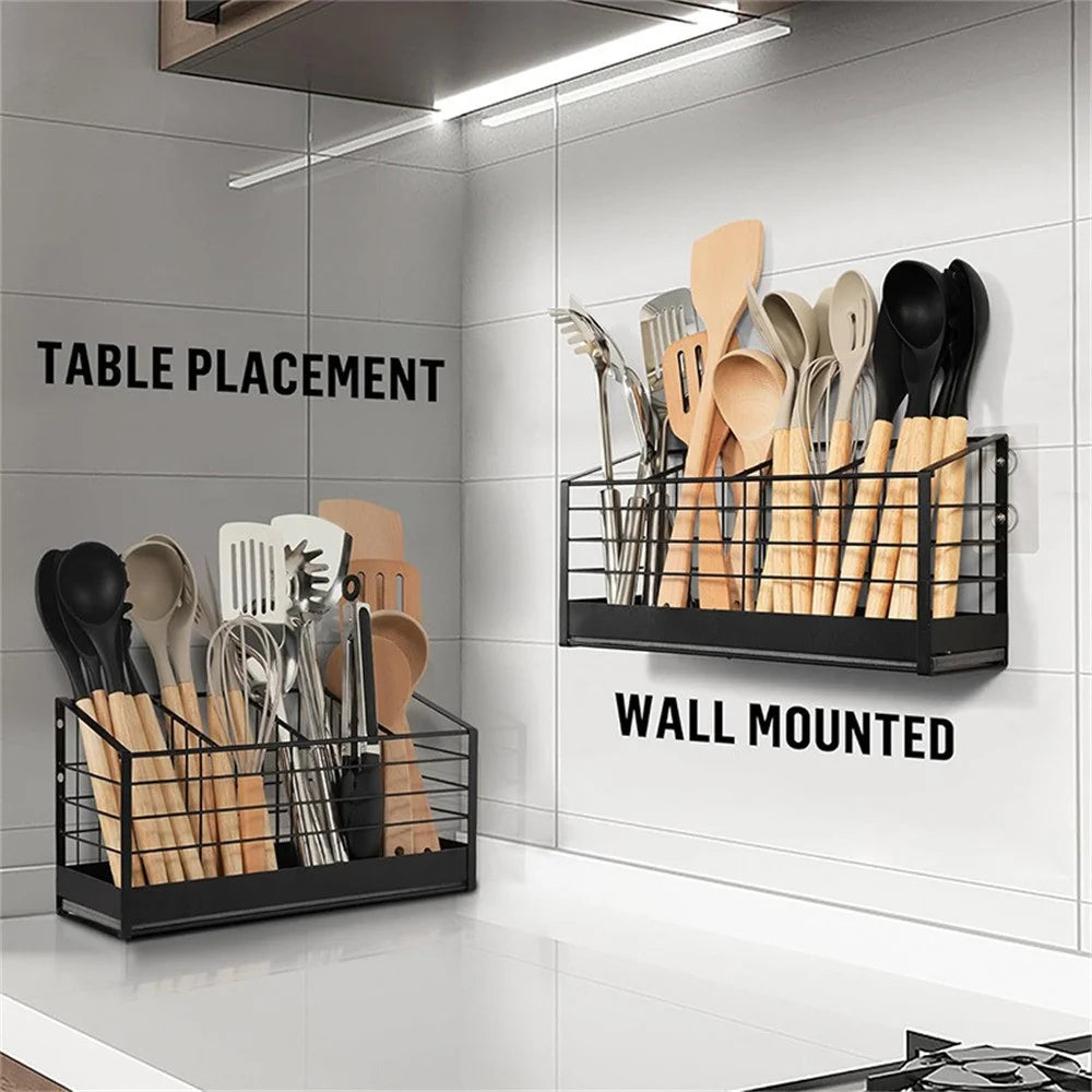 Wall Mounted Kitchen Utensil Drying Rack 4 Compartments Chopstick Holder No Drill Countertop Cutlery Organizer - 2