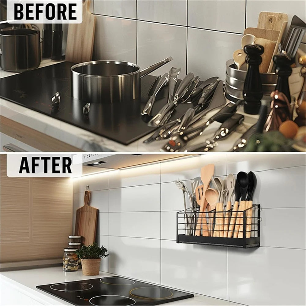 Wall Mounted Kitchen Utensil Drying Rack 4 Compartments Chopstick Holder No Drill Countertop Cutlery Organizer - 3