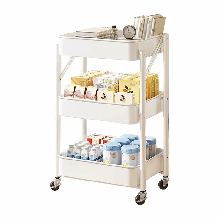 3-Tier Foldable Storage Cart Rolling Utility Organizer with Lockable Silent Wheels for Kitchen Bathroom Bedroom - White - 1