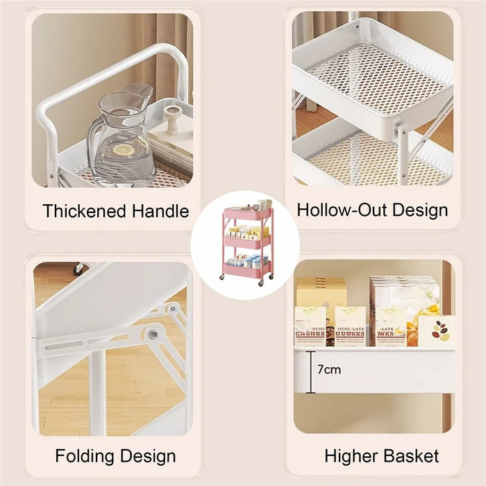 3-Tier Foldable Storage Cart Rolling Utility Organizer with Lockable Silent Wheels for Kitchen Bathroom Bedroom - White - 5