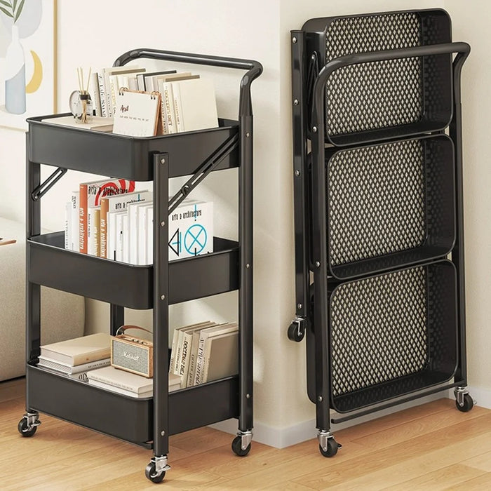 3-Tier Foldable Storage Cart Rolling Utility Organizer with Lockable Silent Wheels for Kitchen Bathroom Bedroom - White - 6
