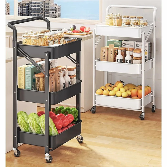3-Tier Foldable Storage Cart Rolling Utility Organizer with Lockable Silent Wheels for Kitchen Bathroom Bedroom - White - 7