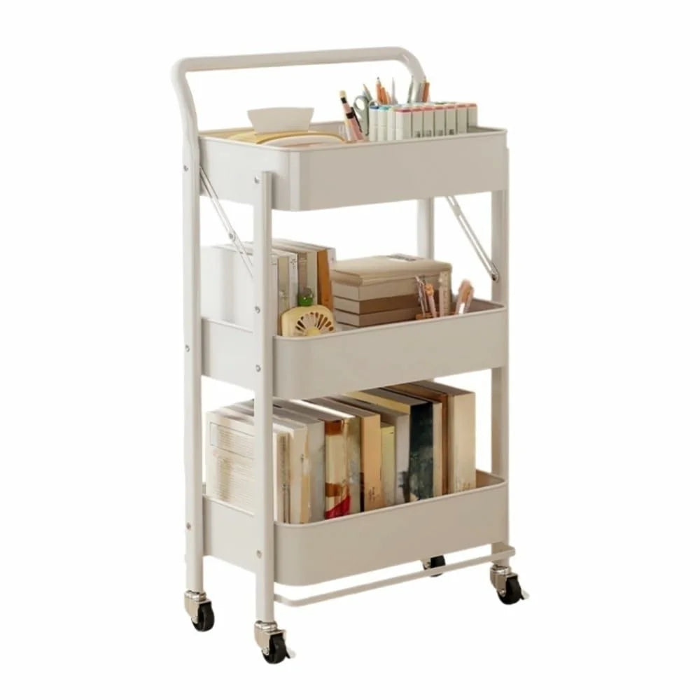 3-Tier Foldable Storage Cart with Handle Rolling Utility Organizer with Lockable Silent Wheels for Kitchen Bathroom Bedroom - White - 1