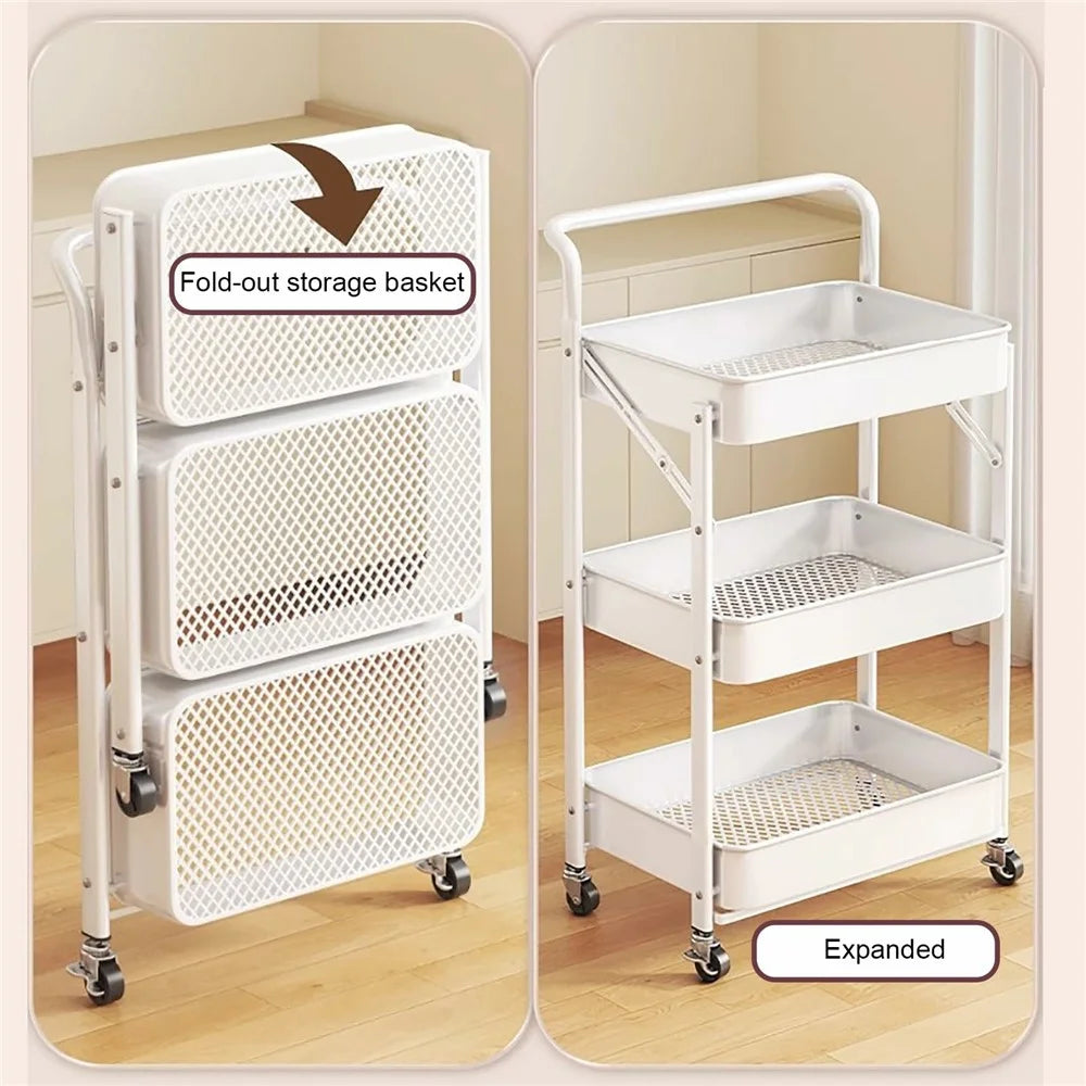 3-Tier Foldable Storage Cart with Handle Rolling Utility Organizer with Lockable Silent Wheels for Kitchen Bathroom Bedroom - White - 2