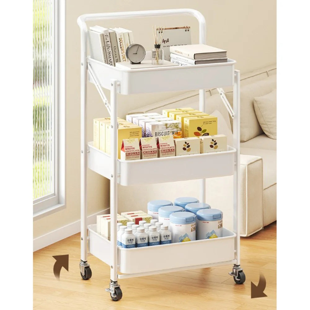 3-Tier Foldable Storage Cart with Handle Rolling Utility Organizer with Lockable Silent Wheels for Kitchen Bathroom Bedroom - White - 4