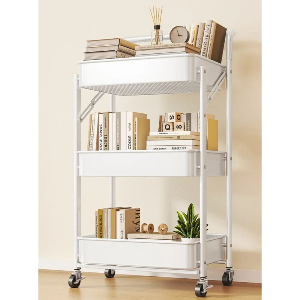 3-Tier Foldable Storage Cart with Handle Rolling Utility Organizer with Lockable Silent Wheels for Kitchen Bathroom Bedroom - White - 5
