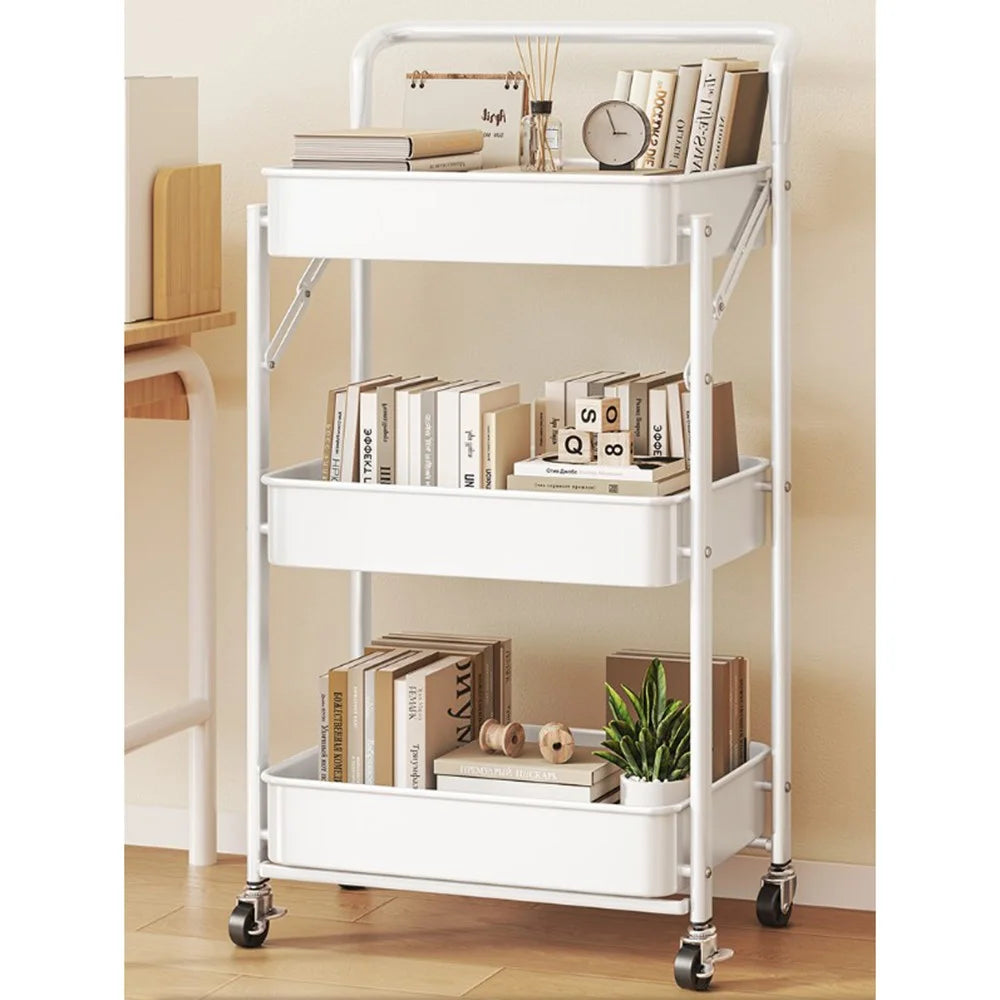 3-Tier Foldable Storage Cart with Handle Rolling Utility Organizer with Lockable Silent Wheels for Kitchen Bathroom Bedroom - White - 6