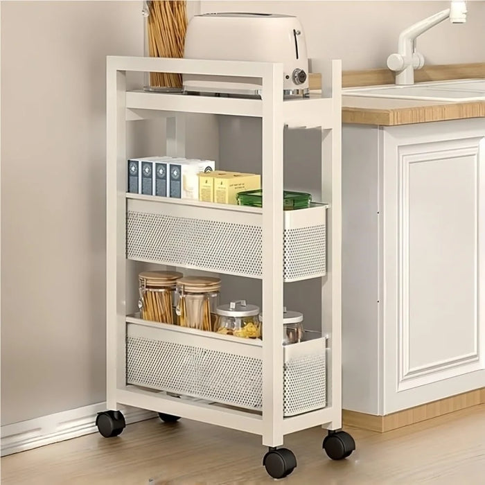 3-Tier Kitchen Gap Storage Rack Pull-Out Baskets with 360° Lockable Wheels for Refrigerator Side Bathroom - White - 1
