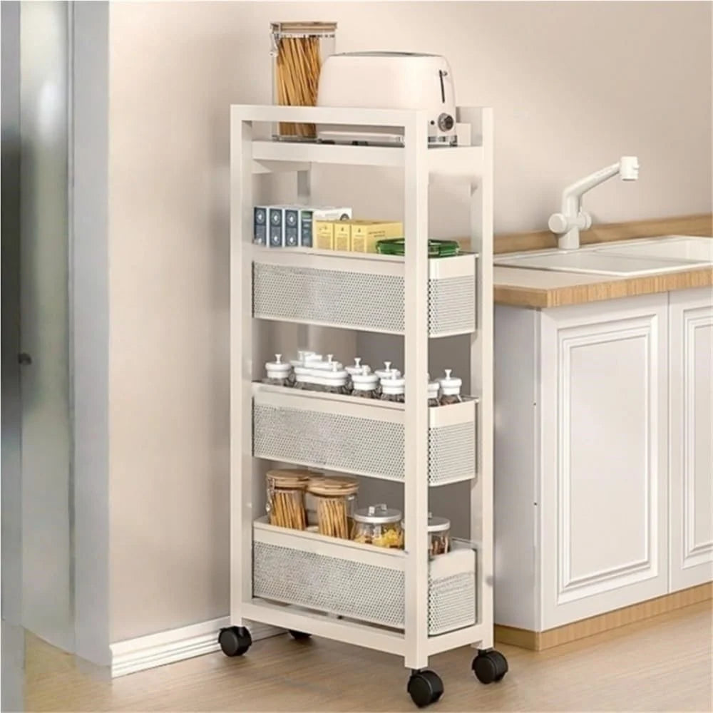 4-Tier Kitchen Gap Storage Rack Pull-Out Baskets with 360° Lockable Wheels for Refrigerator Side Bathroom - White - 1