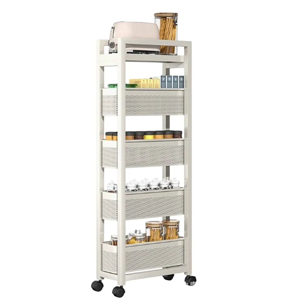 5-Tier Kitchen Gap Storage Rack Pull-Out Baskets with 360° Lockable Wheels for Refrigerator Side Bathroom - White - 1