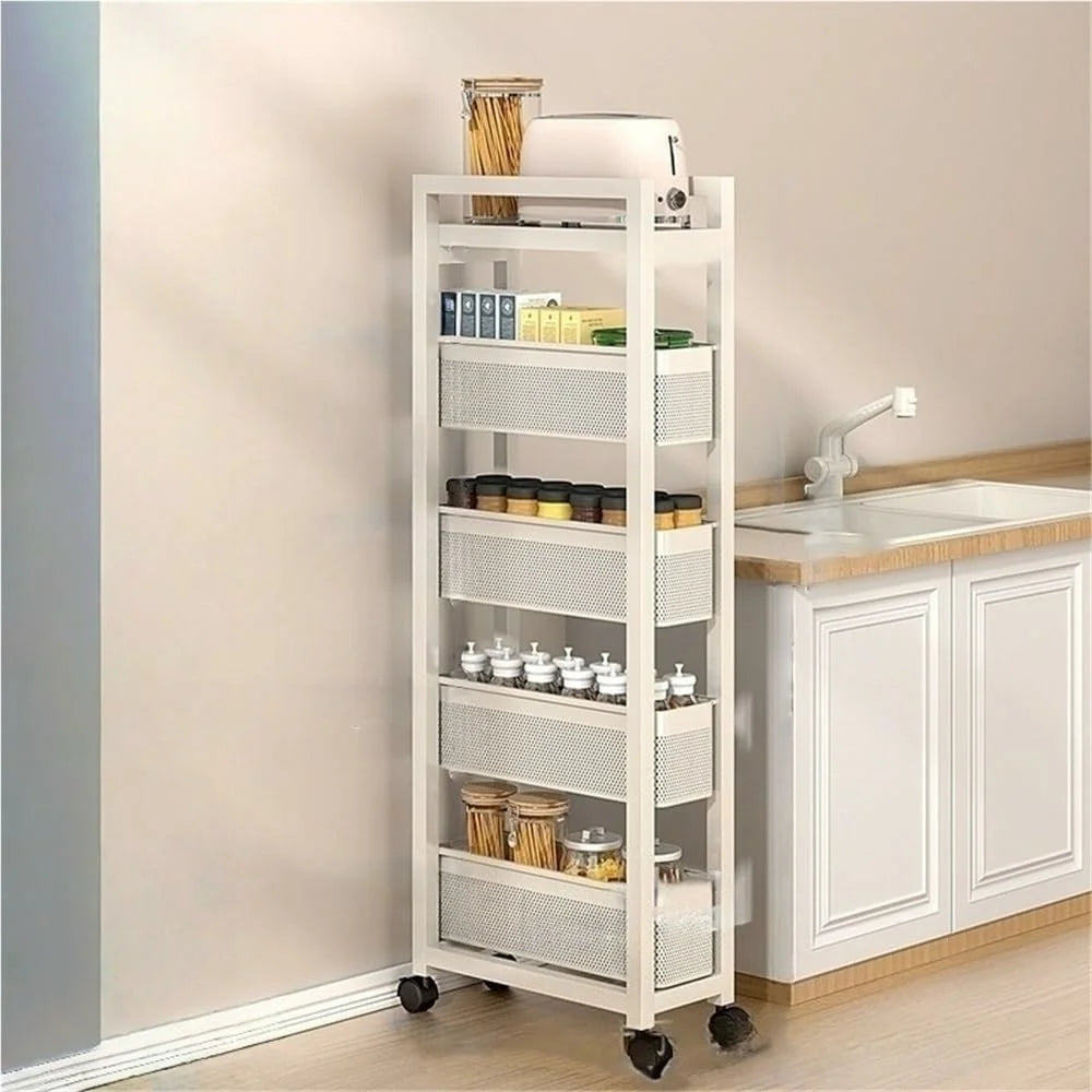 5-Tier Kitchen Gap Storage Rack Pull-Out Baskets with 360° Lockable Wheels for Refrigerator Side Bathroom - White - 2