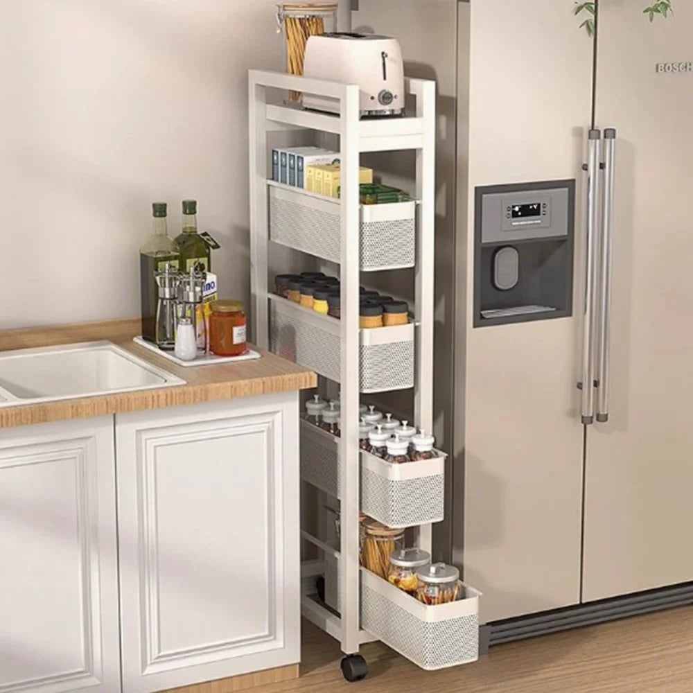 5-Tier Kitchen Gap Storage Rack Pull-Out Baskets with 360° Lockable Wheels for Refrigerator Side Bathroom - White - 3
