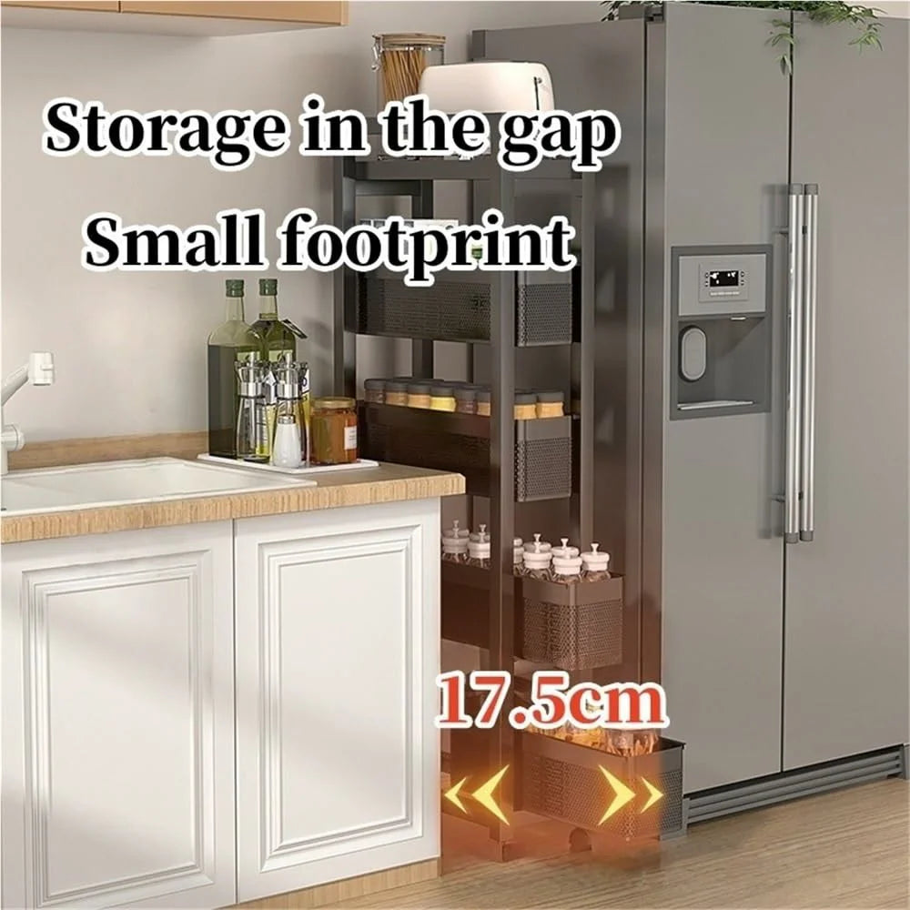 5-Tier Kitchen Gap Storage Rack Pull-Out Baskets with 360° Lockable Wheels for Refrigerator Side Bathroom - White - 5