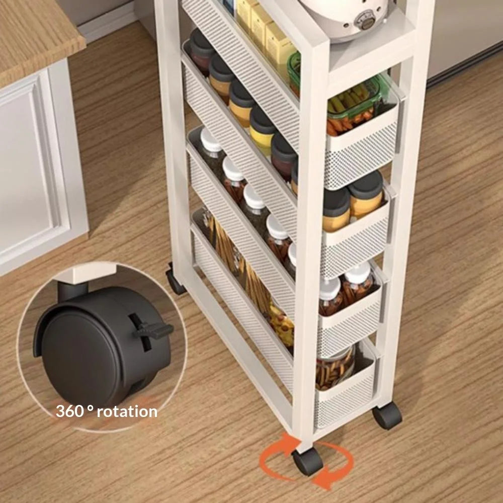 5-Tier Kitchen Gap Storage Rack Pull-Out Baskets with 360° Lockable Wheels for Refrigerator Side Bathroom - White - 6