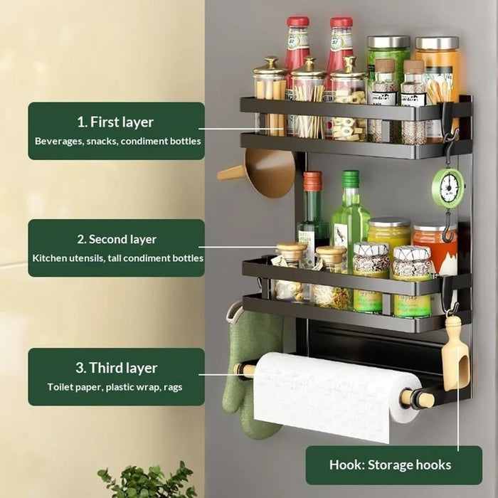 Refrigerator Magnetic Storage Rack 3-Tier Side Organizer Shelf No Drilling Kitchen Fridge Hanging Holder - Black - 3