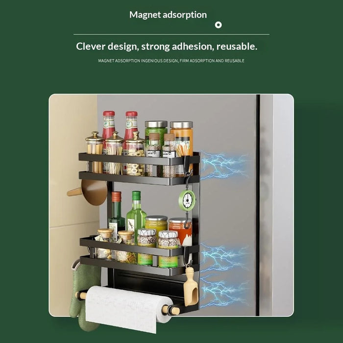 Refrigerator Magnetic Storage Rack 3-Tier Side Organizer Shelf No Drilling Kitchen Fridge Hanging Holder - Black - 4