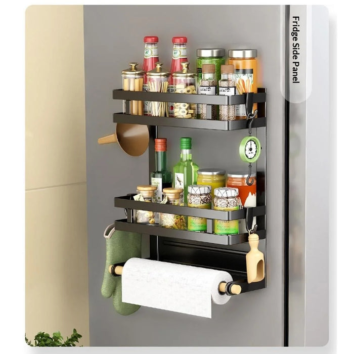 Refrigerator Magnetic Storage Rack 3-Tier Side Organizer Shelf No Drilling Kitchen Fridge Hanging Holder - Black - 6