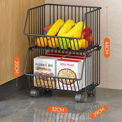 Medium 2-Tier Kitchen Vegetable Fruit Storage Rack Large Capacity Rolling Cart Floor Standing Shelf Basket - 1