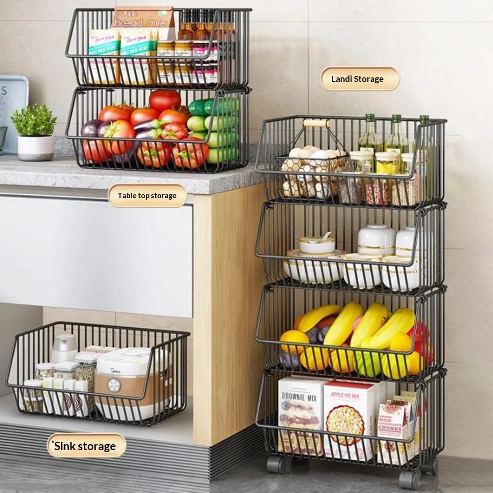 Medium 2-Tier Kitchen Vegetable Fruit Storage Rack Large Capacity Rolling Cart Floor Standing Shelf Basket - 2