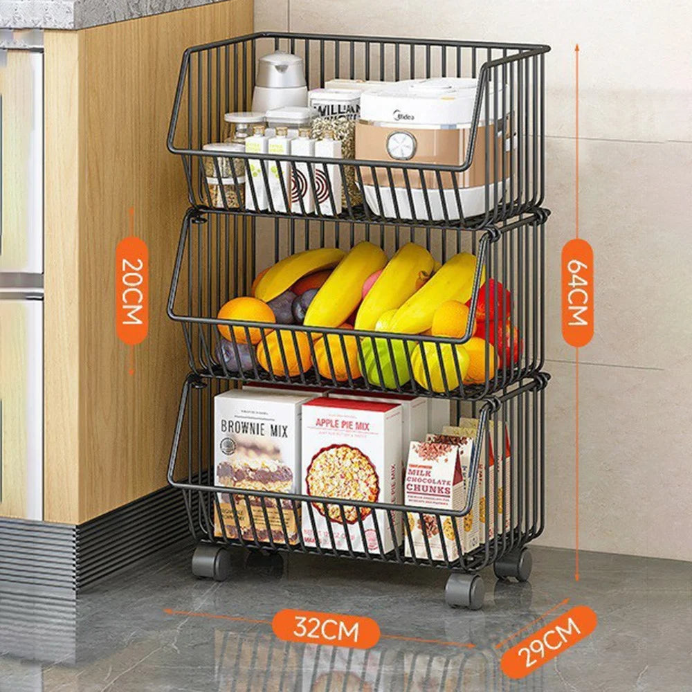 Medium 3-Tier Kitchen Vegetable Fruit Storage Rack Large Capacity Rolling Cart Floor Standing Shelf Basket - 1
