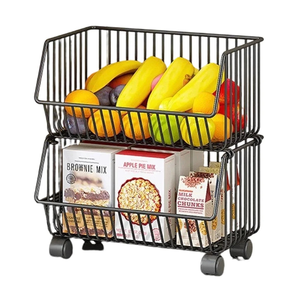 Large 2 Tier Kitchen Vegetable Storage Rack Fruit Organizer Multi-Function Rolling Cart Floor Standing Shelf Basket - 1
