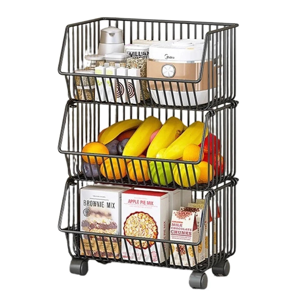 Large 3 Tier Kitchen Vegetable Storage Rack Fruit Organizer Multi-Function Rolling Cart Floor Standing Shelf Basket - Black - 1