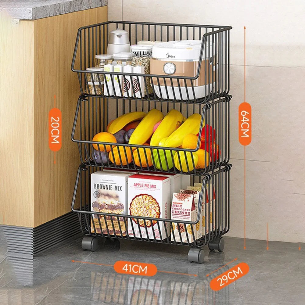 Large 3 Tier Kitchen Vegetable Storage Rack Fruit Organizer Multi-Function Rolling Cart Floor Standing Shelf Basket - Black - 4