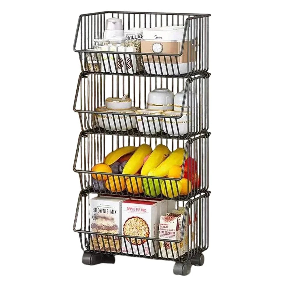 Large 4 Tier Kitchen Vegetable Storage Rack Fruit Organizer Multi-Function Rolling Cart Floor Standing Shelf Basket - Black - 1