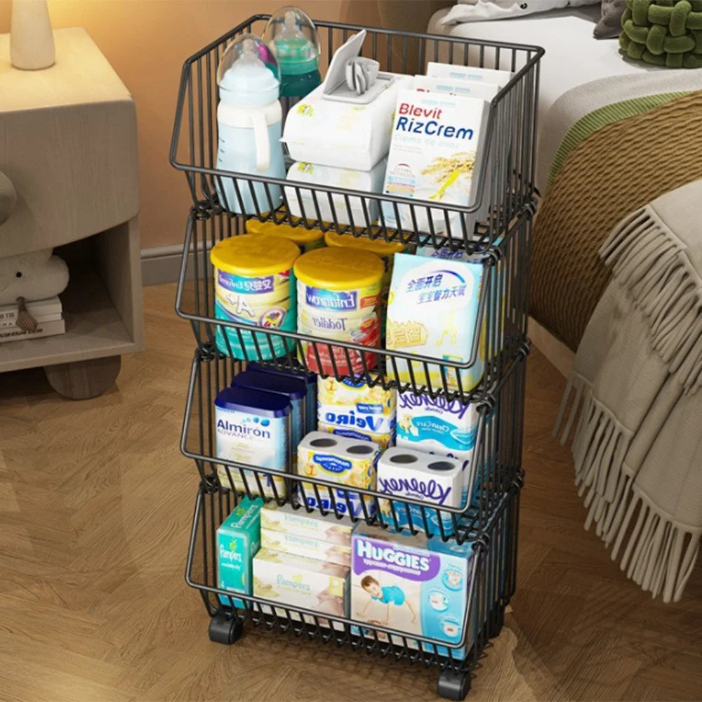 Large 4 Tier Kitchen Vegetable Storage Rack Fruit Organizer Multi-Function Rolling Cart Floor Standing Shelf Basket - Black - 2
