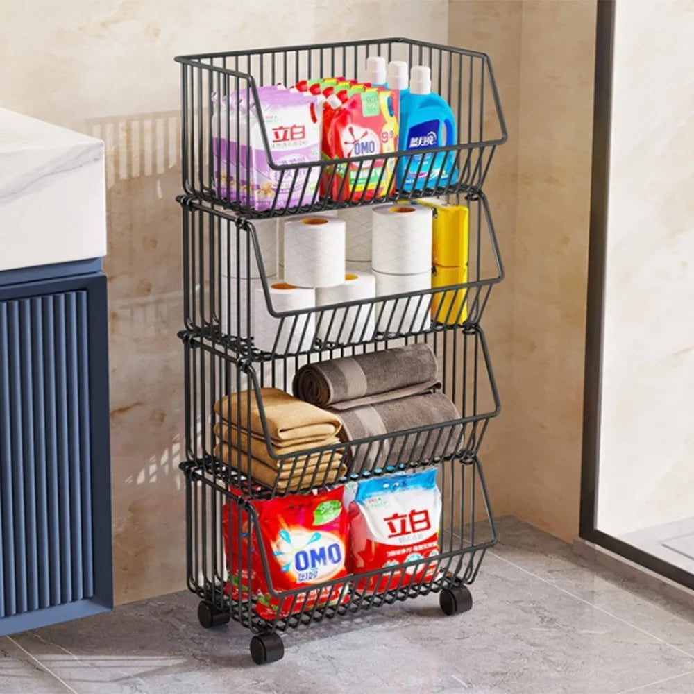 Large 4 Tier Kitchen Vegetable Storage Rack Fruit Organizer Multi-Function Rolling Cart Floor Standing Shelf Basket - Black - 3