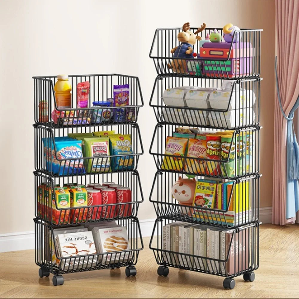 Large 4 Tier Kitchen Vegetable Storage Rack Fruit Organizer Multi-Function Rolling Cart Floor Standing Shelf Basket - Black - 5