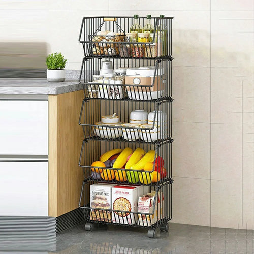 Large 5-Tier Kitchen Vegetable Fruit Storage Rack Large Capacity Rolling Cart Floor Standing Shelf Basket - Black - 1