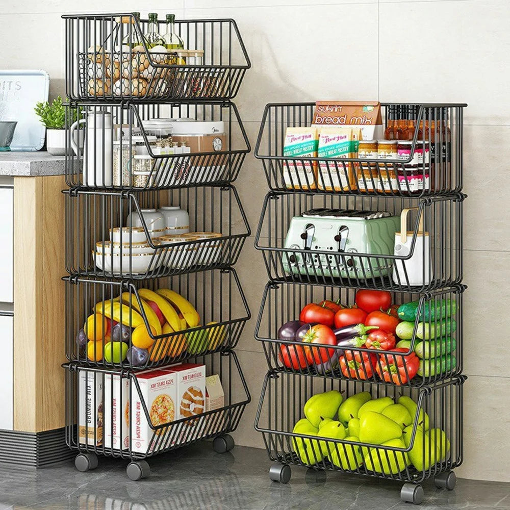 Large 5-Tier Kitchen Vegetable Fruit Storage Rack Large Capacity Rolling Cart Floor Standing Shelf Basket - Black - 4