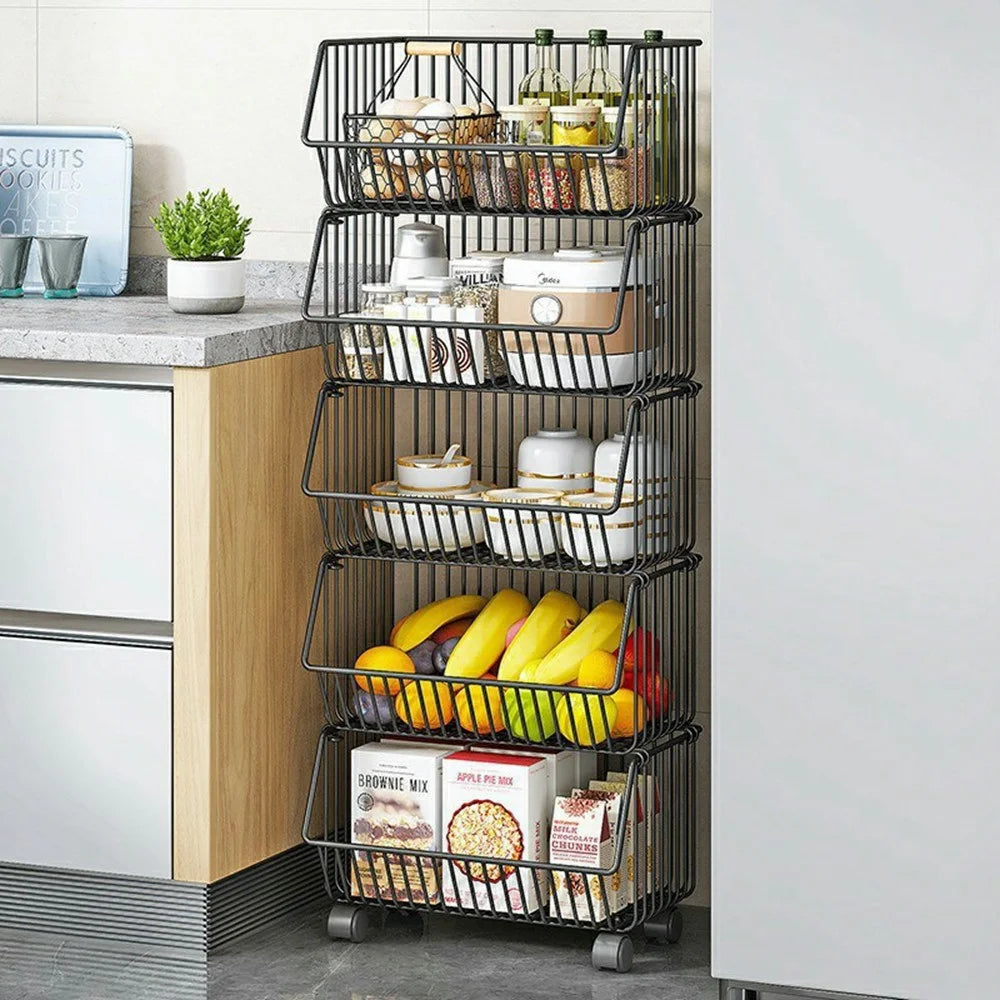 Large 5-Tier Kitchen Vegetable Fruit Storage Rack Large Capacity Rolling Cart Floor Standing Shelf Basket - Black - 5