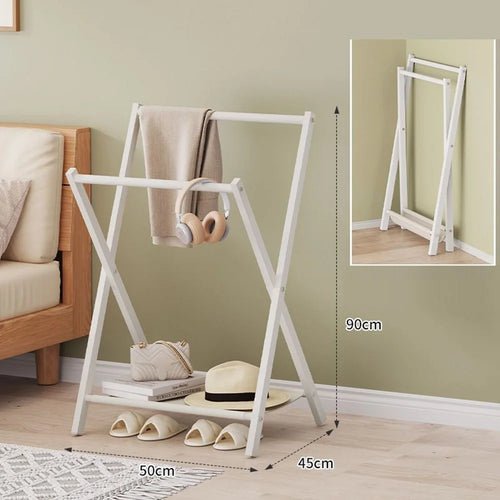 Folding Floor Standing Clothes Rack Dual Rod Garment Organizer for Bedroom  /  Bedside Hanging Storage  /  Pants Hanger - White - 1