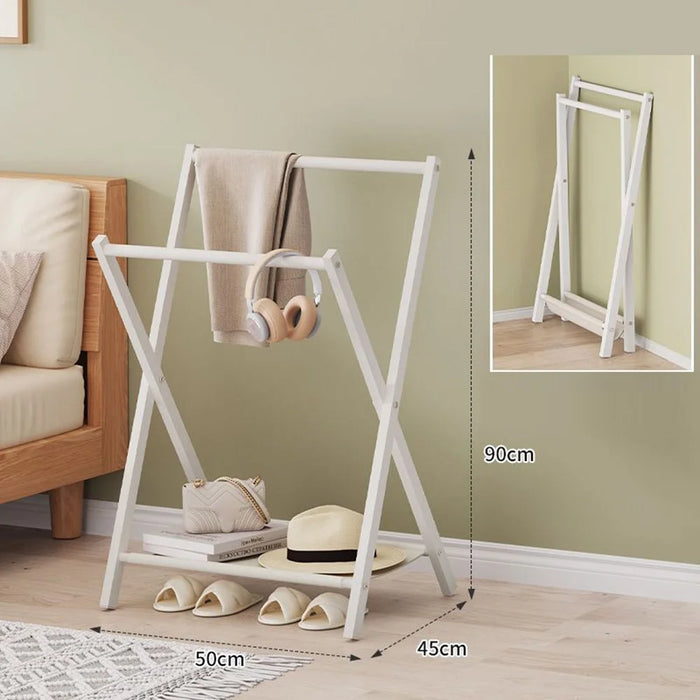 Folding Floor Standing Clothes Rack Dual Rod Garment Organizer for Bedroom  /  Bedside Hanging Storage  /  Pants Hanger - White - 1