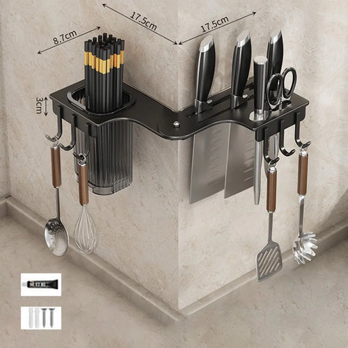 35cm Rotating Kitchen Knife Holder with Utensil Container, Multifunctional Wall-Mounted Corner Storage Rack for Home - Black - 1