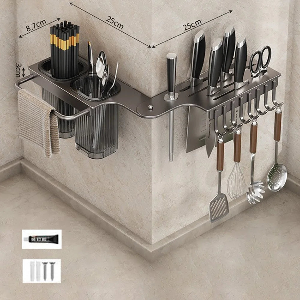 50cm Rotating Kitchen Knife Holder with 2 Utensil Container, Multifunctional Wall-Mounted Corner Storage Rack for Home - Tarnish - 1