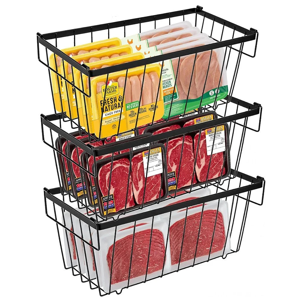 3Pcs Freezer Storage Holder Kitchen Organizer Metal Wire Basket with Handle for Refrigerator - 1