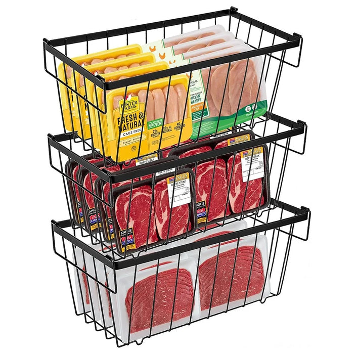 3Pcs Freezer Storage Holder Kitchen Organizer Metal Wire Basket with Handle for Refrigerator - 1