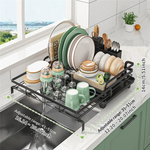 Retractable Kitchen Dish Drainer Rack Adjustable Drainage Storage Basket with 360° Rotatable Drain Tube for Bowls Plates Utensils - Black - 1