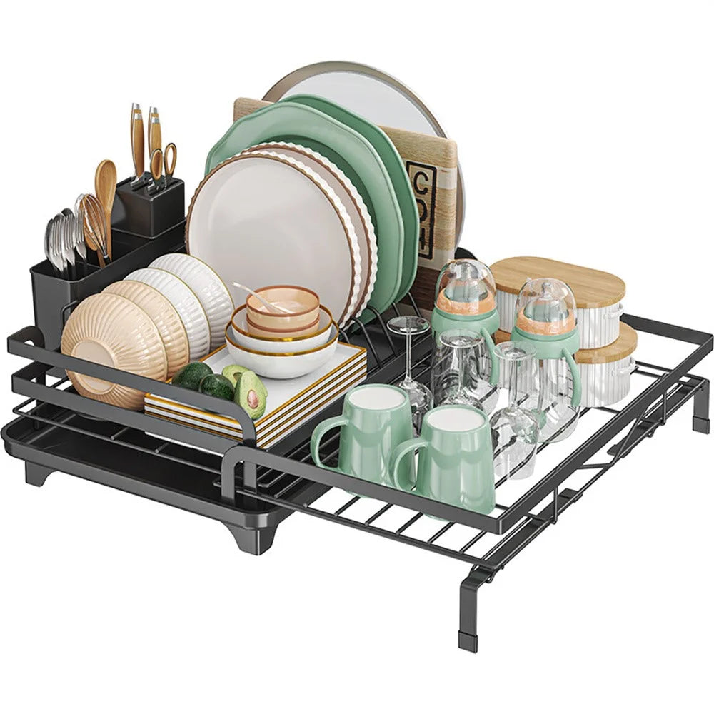 Retractable Kitchen Dish Drainer Rack Adjustable Drainage Storage Basket with 360° Rotatable Drain Tube for Bowls Plates Utensils - Black - 2