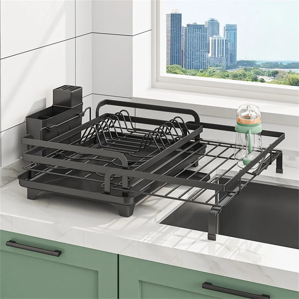Retractable Kitchen Dish Drainer Rack Adjustable Drainage Storage Basket with 360° Rotatable Drain Tube for Bowls Plates Utensils - Black - 3
