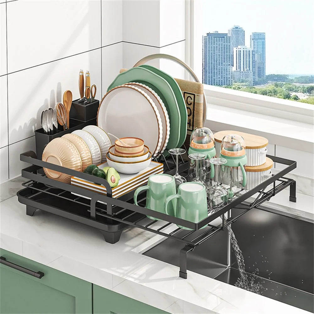 Retractable Kitchen Dish Drainer Rack Adjustable Drainage Storage Basket with 360° Rotatable Drain Tube for Bowls Plates Utensils - Black - 4