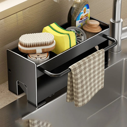 Space Saving Carbon Steel Kitchen Sink Caddy Organizer Rack with Towel Bar Draining Rack - Black - 1