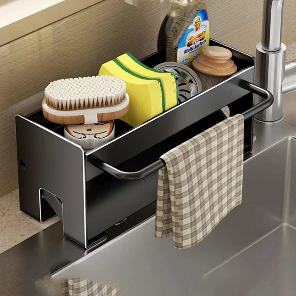 Space Saving Carbon Steel Kitchen Sink Caddy Organizer Rack with Towel Bar Draining Rack - Black - 1